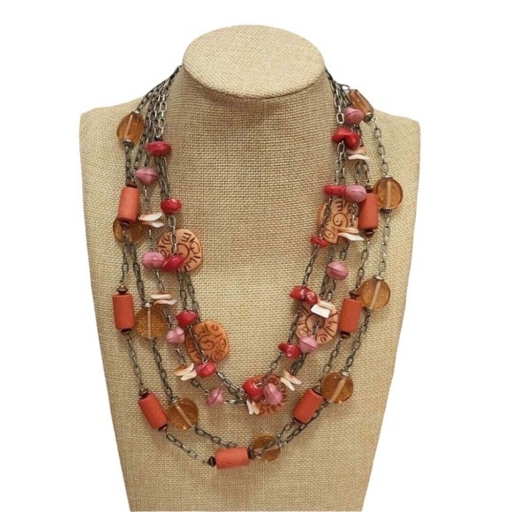 Treska Gypsy Warehouse Multi-Strand Layered Necklace Coral Pink Amber Beads Sun